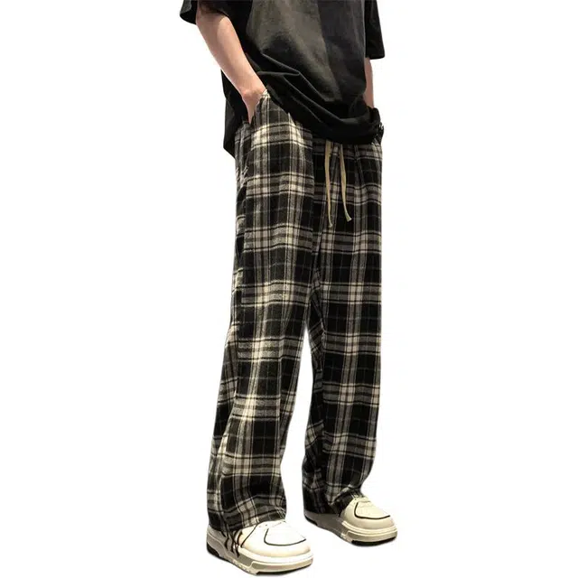 顶峰保罗 美式复古潮牌黑白格宽松直筒阔腿高级感卫裤情侣秋冬加绒加厚潮流百搭运动休闲裤 男女同款