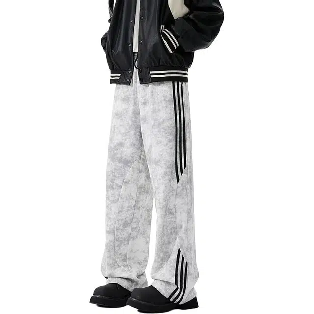 一碗士多 美式复古重磅三条杠高街小众百搭撞色设计感宽松舒适阔腿直筒垂感拖地通勤户外日常运动休闲裤 男女同款