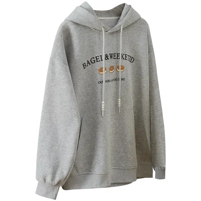 她池 抽绳连帽减龄卡通印花套头宽松款休闲风长袖卫衣 女款 浅灰色