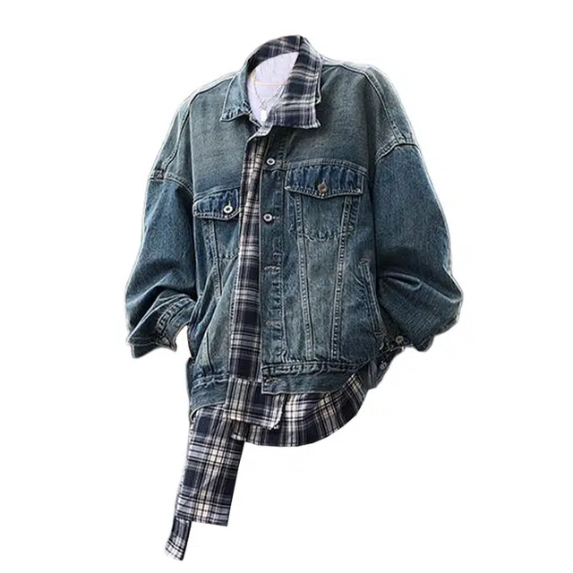 木林森 假两件美式高街复古拼接高级感混搭叠穿黑白格夹克时尚潮流百搭宽松休闲牛仔外套 男女同款