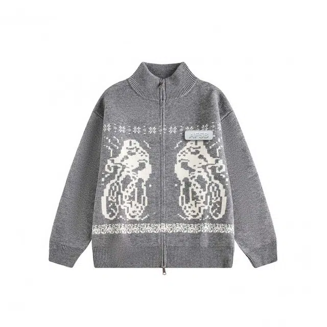 艾梵斯贝 美式复古费尔岛慵懒风双拉链简约设计感无性别日常通勤百搭宽松休闲时尚提花文艺风情侣款开衫针织衫 男女同款