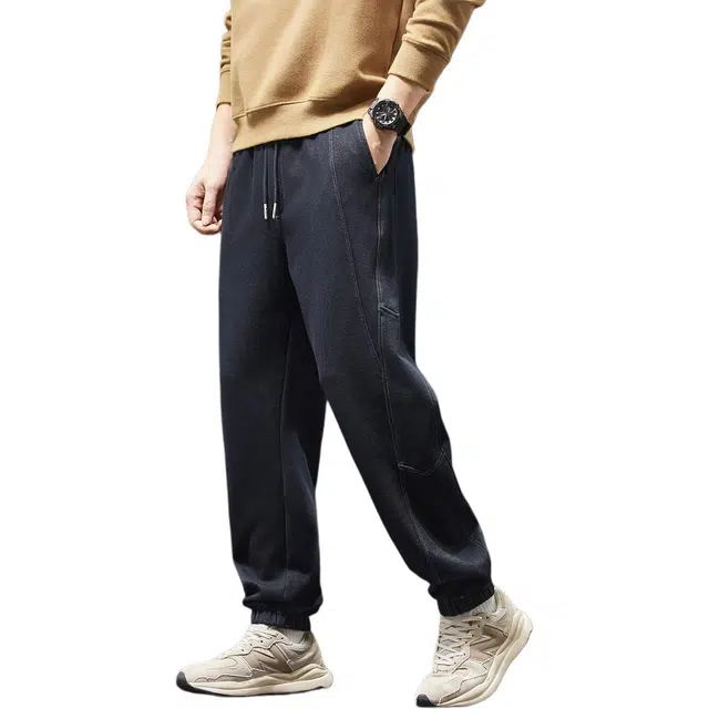 潮人榜 美式复古拼接针织牛仔裤男款春秋款宽松弹力束脚哈伦工装长裤休闲裤 男女同款