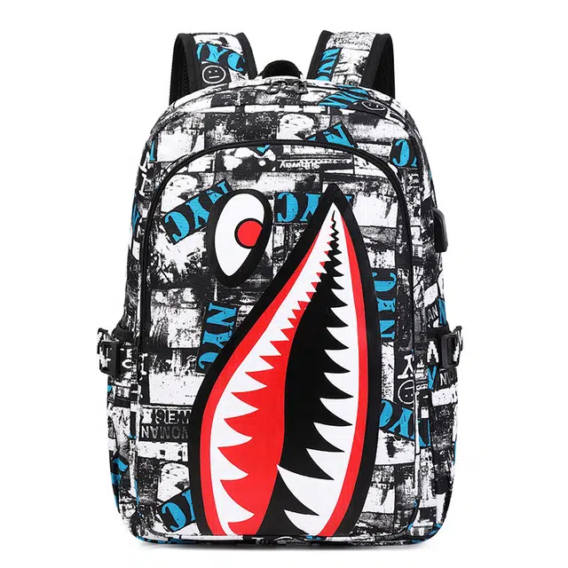 绿野客 小学生儿童时尚书包 鲨鱼个性图案 印花轻便休闲包 简约背包实用 涤纶 双肩包 中号 黑色