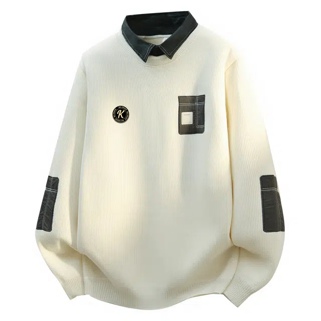 空白町 高街个性假两件慵懒感简约休闲潮流高智老钱风穿搭拼色拼接学院字母胸针翻领秋冬长袖套头舒适百搭时尚宽松针织衫  男女同款