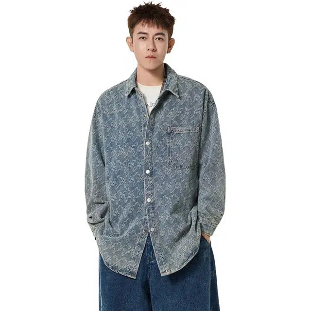 童先森 时尚提花慵懒工装百搭水洗翻领长袖衬衫 男款