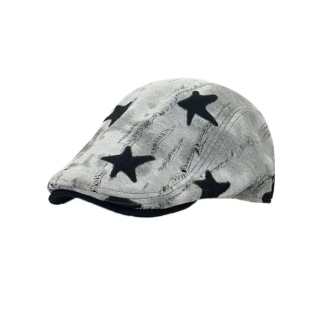 浪莎 美式破洞扎染五角星前进帽废土风时尚潮流报童帽时髦街拍休闲户外 棉 贝雷帽 女款