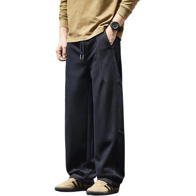 潮人榜 结构解析复古针织弯刀牛仔裤春秋款宽松直筒拼接阔腿长裤休闲裤 男女同款