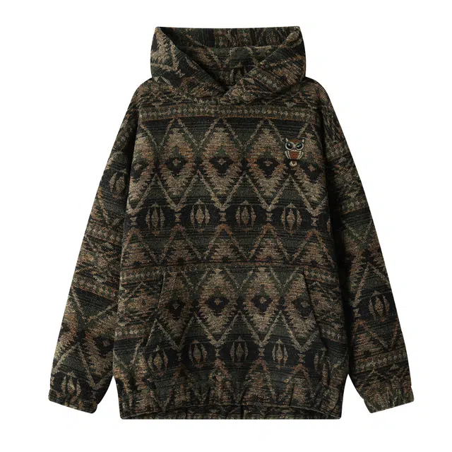范索米 冬季加绒款 复古潮流民族风暗纹图案休闲日常宽松连帽卫衣 男女同款