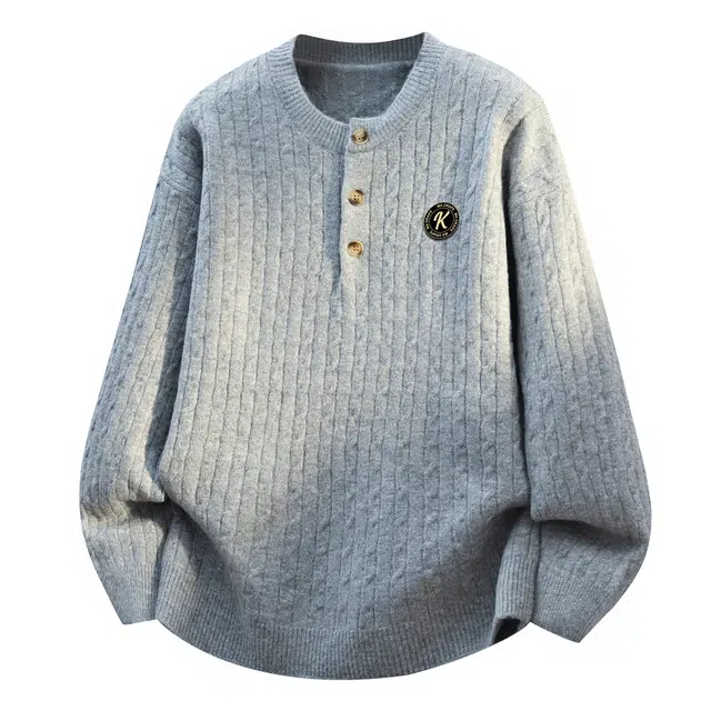 空白町 亨利领慵懒感简约休闲潮流高智老钱风穿搭绞花毛衫套头长袖秋冬外套舒适百搭时尚宽松针织衫  男女同款