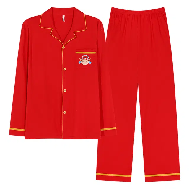 帕兰朵 本映本命年红色纯棉长袖开衫男士春秋款家居服宽松大码睡衣套装 男款