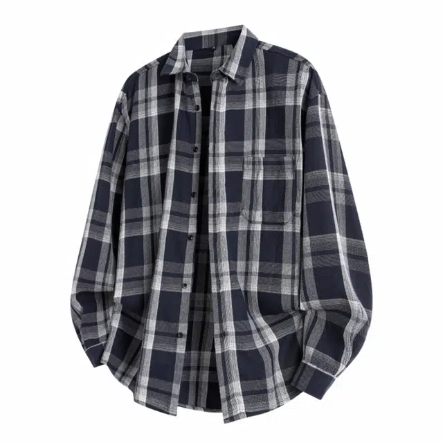 赛瀚 复古格子衬衫长袖男款港风翻领休闲潮牌外套时尚秋季厚款百搭舒适亲肤男装宽松上衣显瘦显高青少年高街外穿通勤男士衣服 男女同款