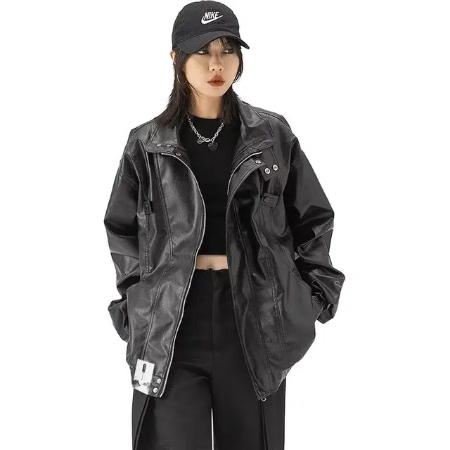 【美式休闲PU皮机车拉链外套】布客行 酷飒不羁狂野硬朗摇滚叛逆霸气纯色宽松百搭工装痞帅翻领设计防风防水夹克 男女同款