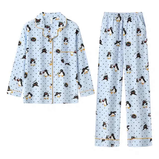 宫蝶 小企鹅纯棉长袖卡通满印家居服可外穿宽松休闲甜美风睡衣套装 女款