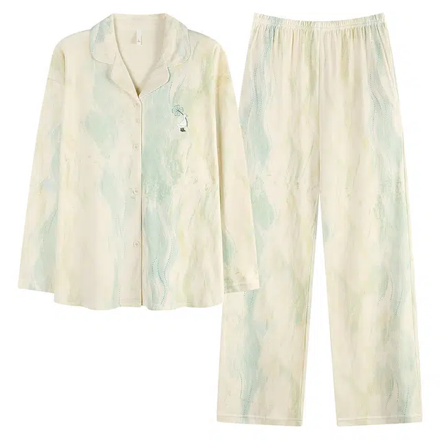 帕兰朵 春秋季纯棉长袖开衫高级感全棉家居服休闲秋款可外穿女士睡衣套装 女款