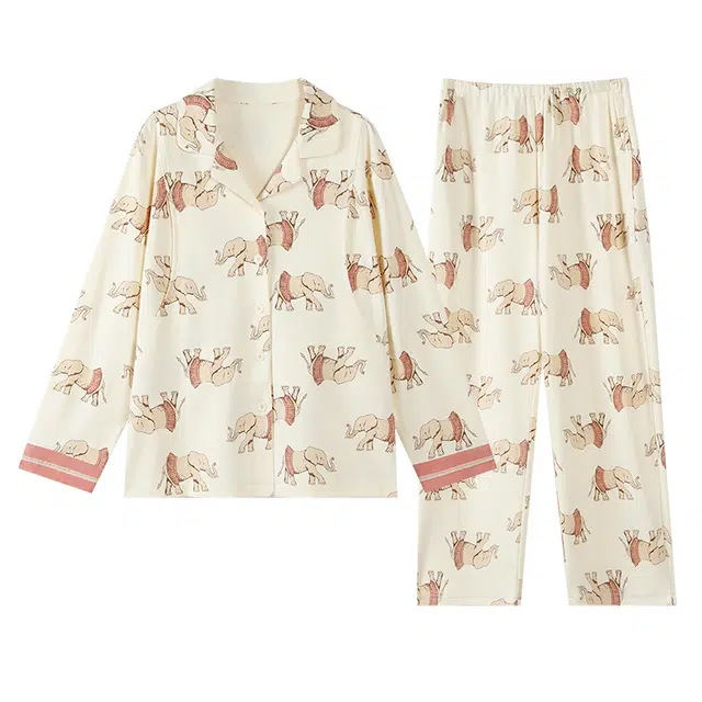 芬腾可安 外出可穿纯棉春秋季简约宽松休闲少女感温柔开衫月子家居服睡衣套装 女款