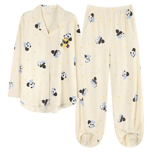 帕兰朵 春秋款长袖束脚卡通可爱开衫宽松少女生秋冬家居服纯棉女士睡衣套装 女款