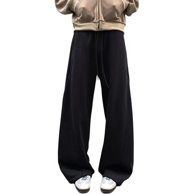 梓润格 秋季潮流美式时尚抽绳设计纯色简约高级感宽松舒适亲肤慵懒感日常随性户外运动青春少年感阔腿垂感直筒裤休闲裤 男女同款