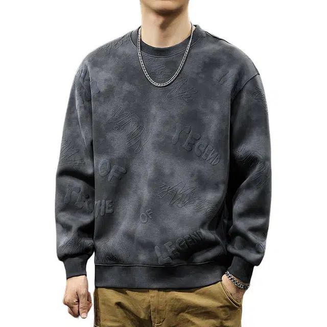 前进牛 美式经典复古潮流潮牌云染圆领中性风男士秋季字母印花设计感长袖大码休闲户外百搭外套卫衣 男款