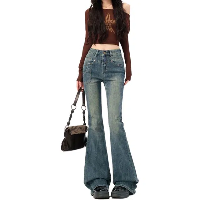 么宁 复古高腰微喇叭铆钉设计感个性口袋显瘦弹力修身美式水洗潮流百搭拖地马蹄裤牛仔裤 女款