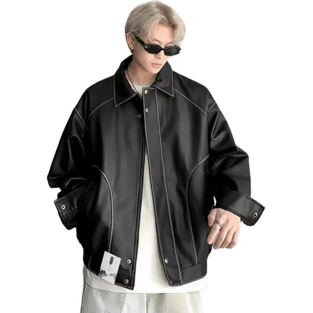 【高街废土风机车软皮衣】布客行 痞帅酷飒不羁狂野硬朗摇滚叛逆小众设计水洗做旧质感翻领宽松廓形百搭高级感日常夹克 男女同款