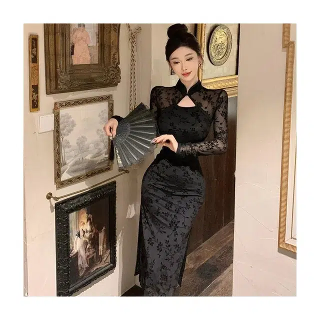 俞兆林 半开领包臀裙复古时尚开叉修身显瘦长袖连衣裙 女款