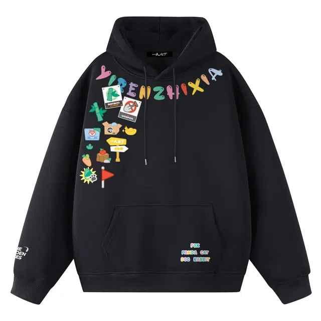 一人之下 美式复古潮流卡通涂鸦动物园主题图案字母印花多巴胺重磅学生宽松休闲日常通勤时尚百搭情侣连帽卫衣  男女同款