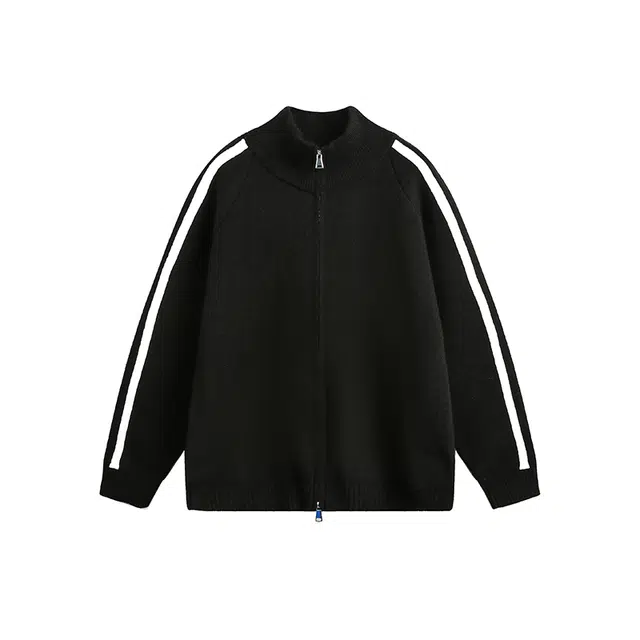 马员外 美式高街复古休闲纯色条纹织带开衫拉链慵懒风长袖舒适重磅落肩日常通勤简约无性别主义针织衫 男女同款