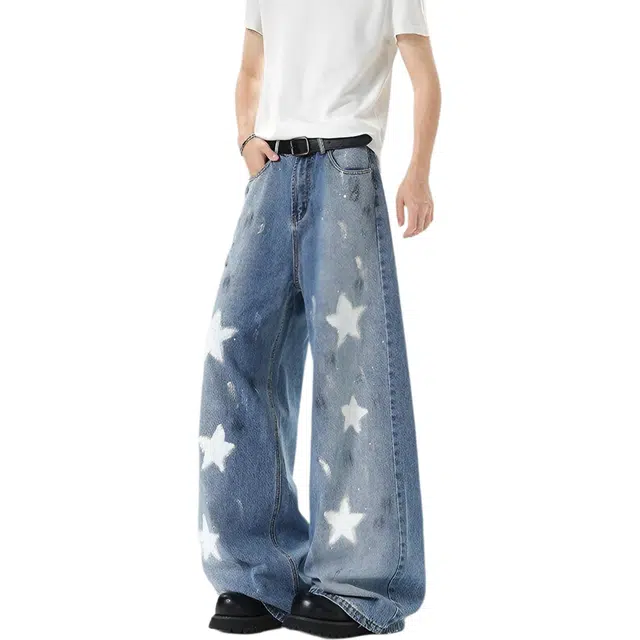 瑞梵帝斯 秋季美式潮牌高街风做旧油漆涂鸦五角星宽松直筒裤港风百搭休闲简约潮流时尚柔软舒适亲肤情侣款牛仔裤 男款