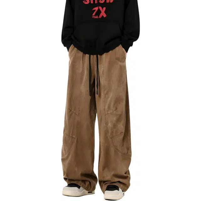 孜讯 美式复古简约纯棉基础款斜切拼接褶皱设计感直筒长裤百搭宽松日常通勤舒适高品质纯色休闲裤 男女同款