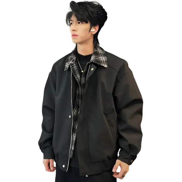 徐百货  美式潮牌假两件拼接格纹衬领设计感夹克春秋季宽松百搭防风工装飞行员机车教练外套上衣棒球服 男女同款
