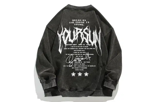 宜而爽 美式街头复古潮流创意纯色哥特字母印花水洗做旧宽松休闲落肩长袖上衣日常通勤百搭套头圆领卫衣 男女同款