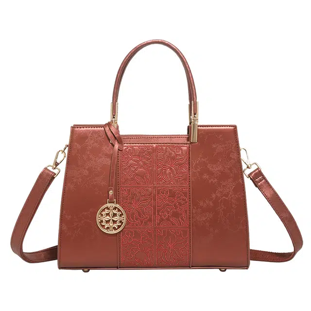 恒源祥 简约经典印花清新软压花百搭时尚潮流高贵典雅 超纤合成革 单肩手提包 女款 红色