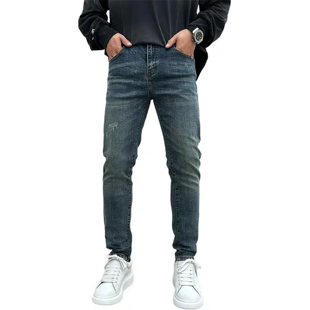 特斯型 高端秋冬水洗复古蓝百搭修身小脚裤弹力长裤 男款