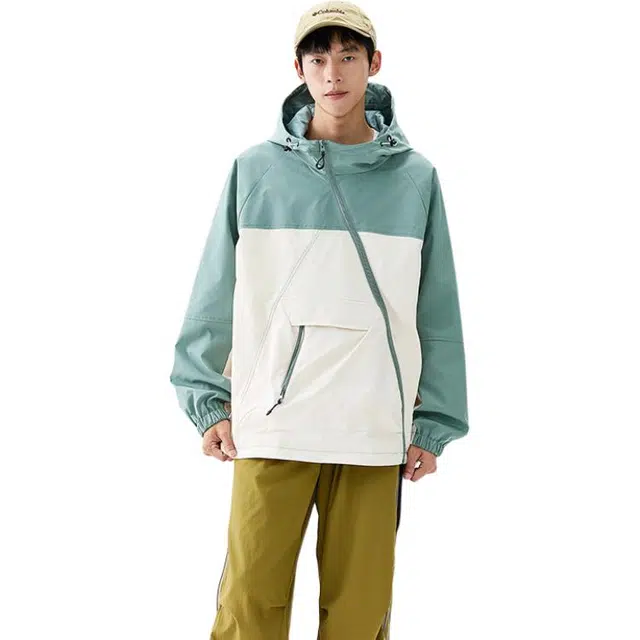 洋气先生 美式复古潮牌户外软壳撞色防水防风日常通勤百搭潮流个性斜拉链小众设计高级感无性别主义时尚舒适连帽长袖外套夹克 男女同款