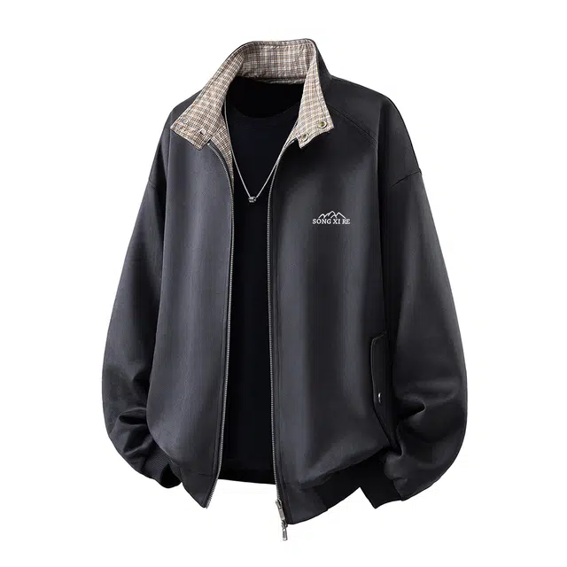 颂希尔 美式港风潮牌麂皮绒格子拼接设计感翻领秋季复古宽松潮流棒球服情侣外套百搭时尚上衣夹克 男女同款