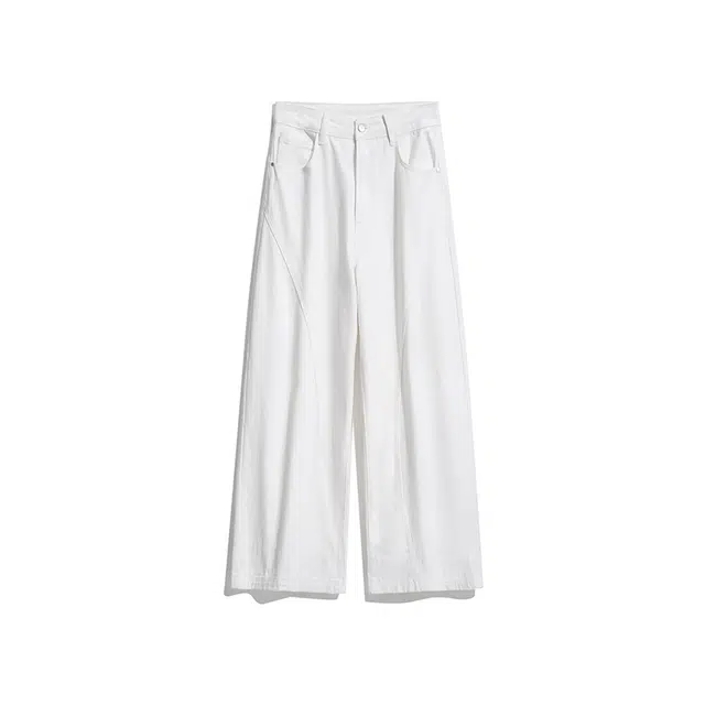 欧路得 美式高街白色休闲裤男女冬季潮牌翻边条纹设计感阔腿裤痞帅拖地裤牛仔裤 男款