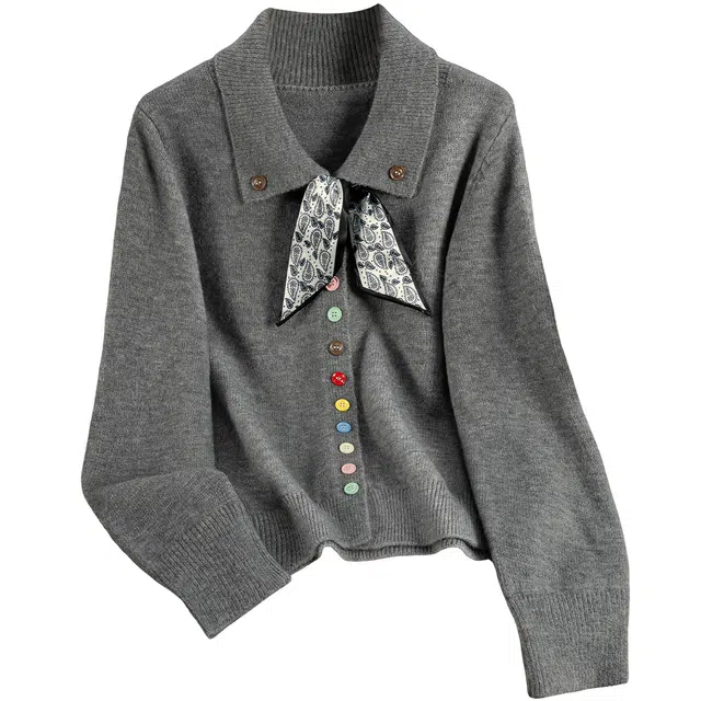 她池 设计感彩色单排扣宽松款翻领长袖针织衫 女款