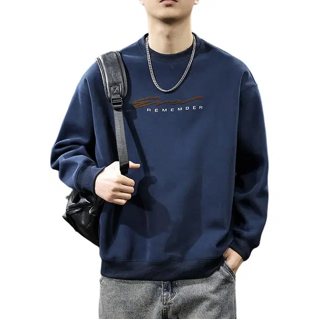 前进牛 秋季美式复古经典潮流潮牌字母极简风印花男士宽松户外百搭痞帅休闲圆领长袖上衣卫衣 男款