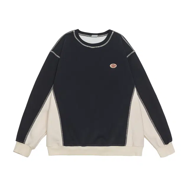 【dme】 美式撞色拼接上衣藏青百搭长袖潮牌休闲运动个性重磅宽松圆领卫衣 男女同款