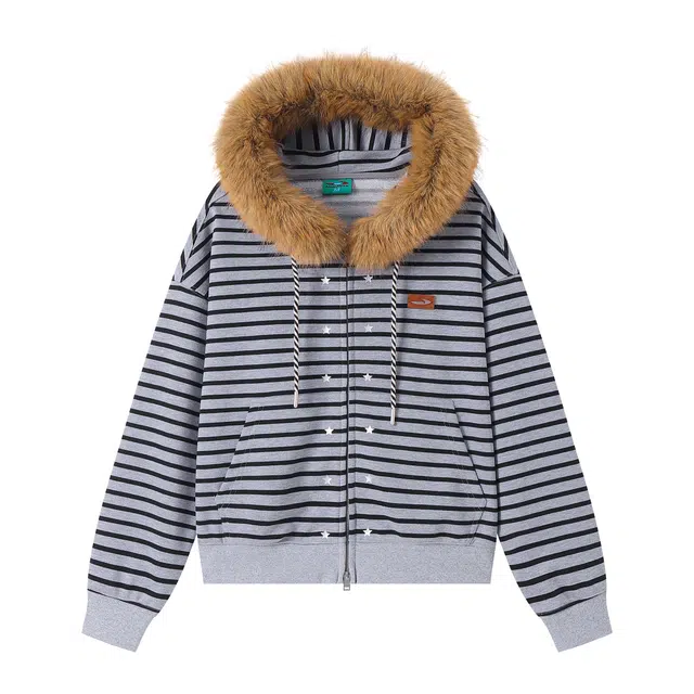 江南先生 美式复古休闲烫银星星条纹开衫秋季可拆卸毛领外套宽松拉链卫衣 男女同款