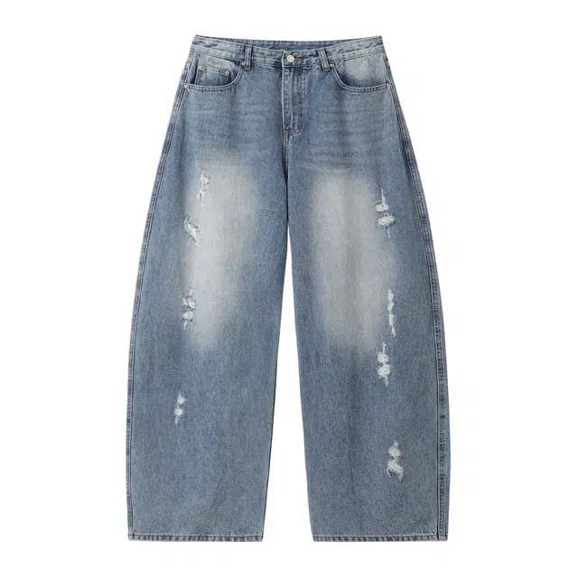 江南先生 城市接力赛 美式重磅水洗磨损斜纹秋休闲百搭做旧宽松直筒垂感长裤牛仔裤 男女同款