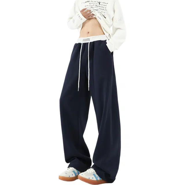 拓菲 美式复古运动重磅腰头拼接弯刀女男秋冬宽松刺绣设计感垂感阔腿卫裤休闲裤 男女同款