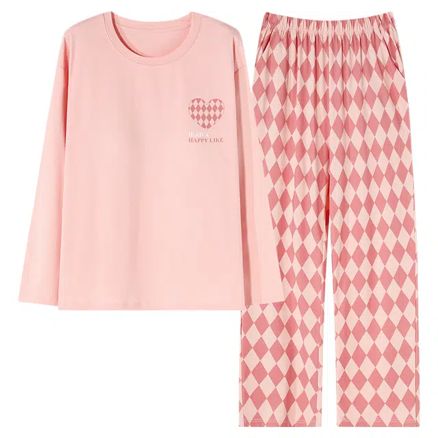 草本初色 纯棉春秋季长袖长裤宽松防凹点带胸垫家居服柔软亲肤可外穿睡衣套装 女款