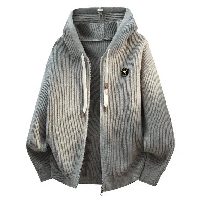 空白町 开衫连帽慵懒感简约休闲潮流高智老钱风穿搭秋冬外套绞花毛衫纯色字母胸针拉链学院风长袖舒适百搭时尚宽松针织衫  男女同款