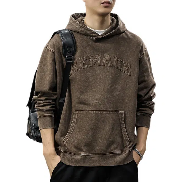 前进牛 美式经典复古潮流痞帅水洗贴布极简风连帽重磅宽松上衣户外休闲潮牌卫衣 男款