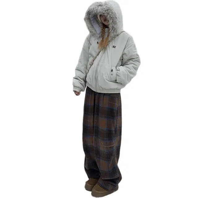 敲模女孩 美式复古连帽毛领外套设计感宽松休闲夹克棉服 女款