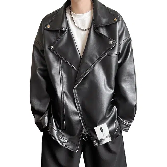 【痞帅休闲风斜拉链机车皮衣】布客行 狂野硬朗不羁摇滚叛逆霸气硬汉宽松软工装美拉德色系个性做旧廓形百搭外套夹克 男女同款