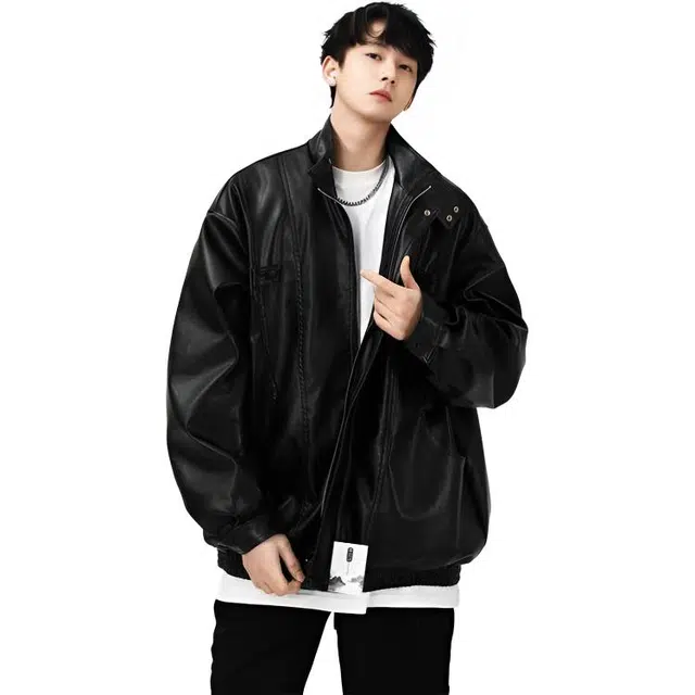 【美式休闲PU皮工装拉链外套】布客行 不羁狂野硬朗摇滚机车叛逆纯色宽松痞帅百搭学院风美拉德翻领设计防风防水个性夹克 男女同款