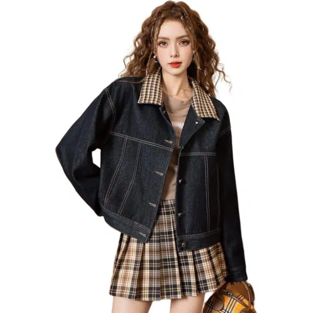 法文箱子 翻领格子拼接小个子牛仔外套 女款