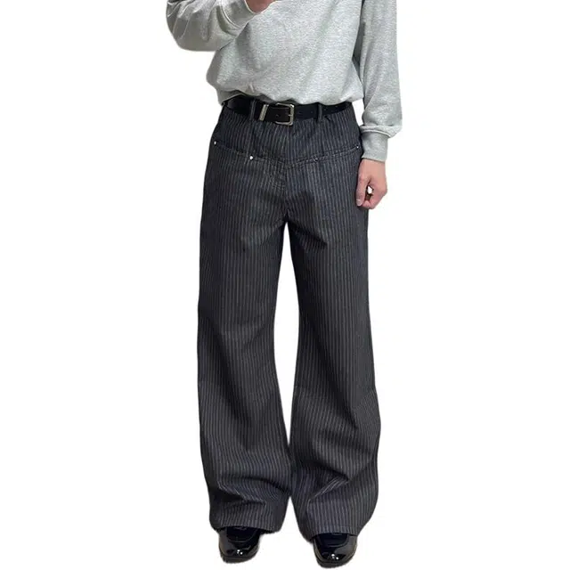 如续 美式潮牌慵懒风垂感条纹休闲裤中性百搭宽松直筒高级感微喇牛仔裤 男女同款